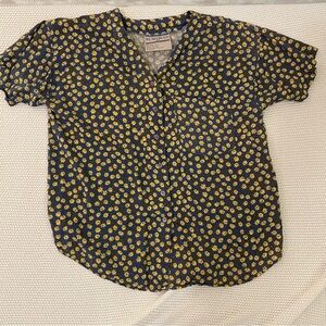 Blue Button Down Shirt with Yellow Floral Pattern